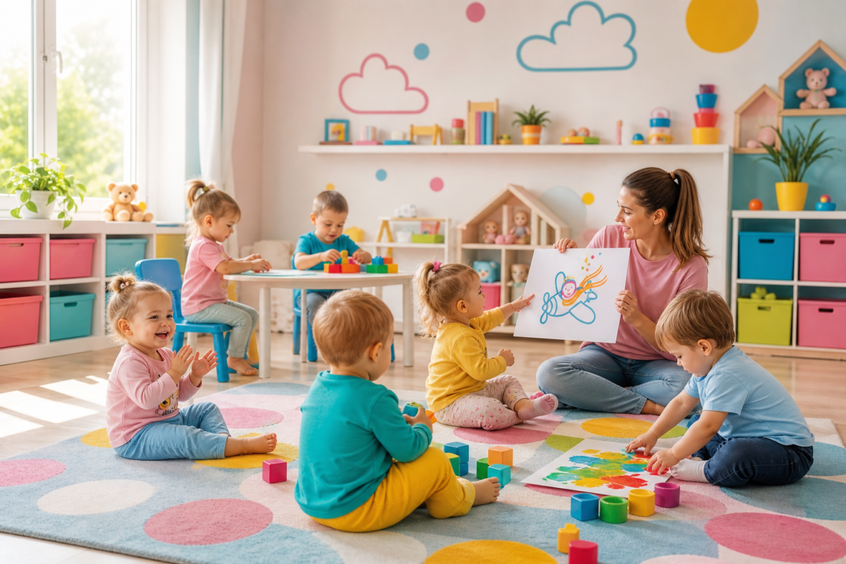 Dzieci w żłobku podczas zabawy łączącej angielski, muzykę, matematykę i sztukę