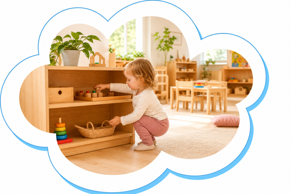 Dziecko w żłobku korzystające z niskiej półki Montessori i samodzielnie odkładające zabawkę